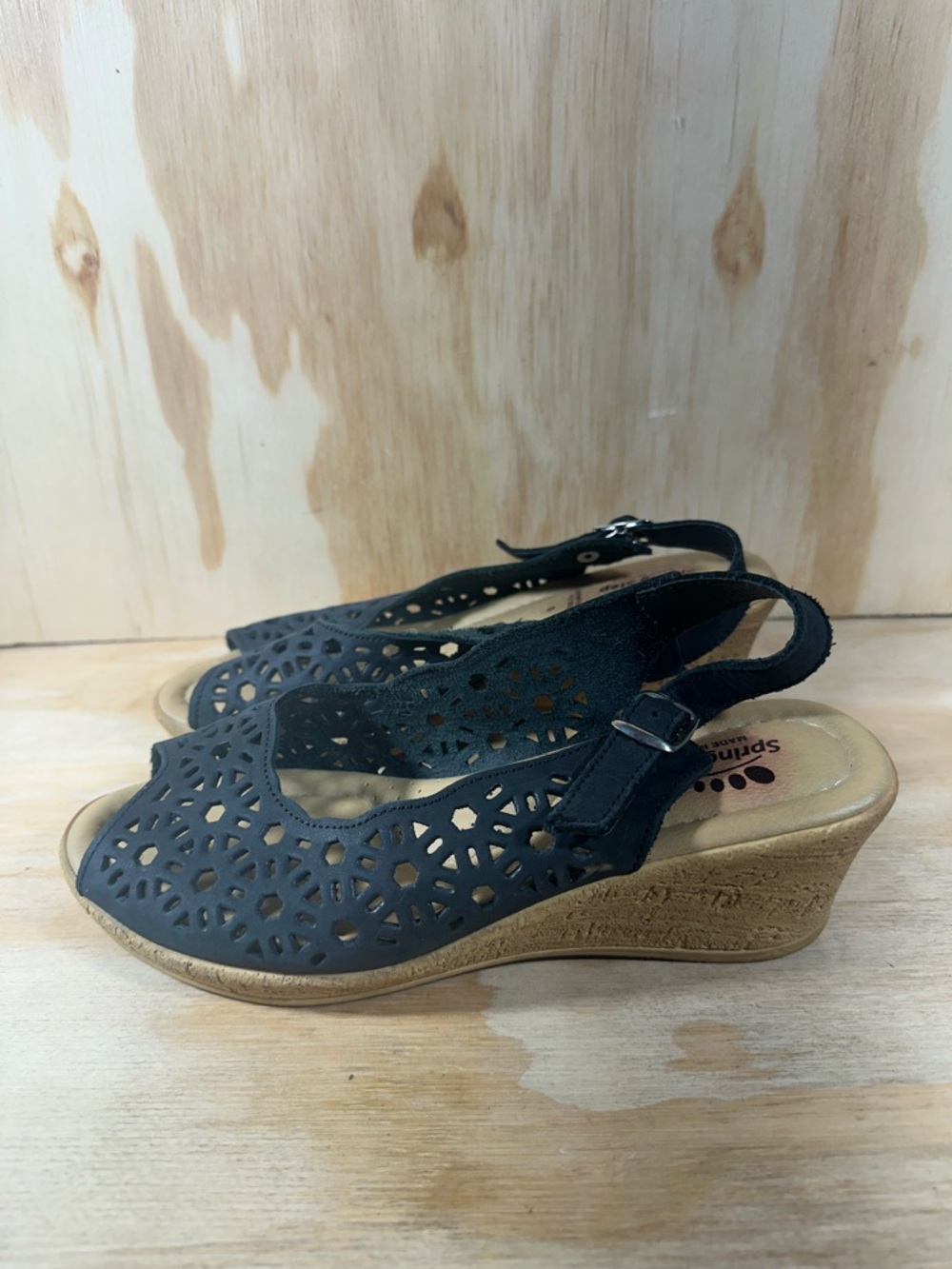 Spring Step Black Laser-Cut Slingback Wedge Sandals Women’s Size 6